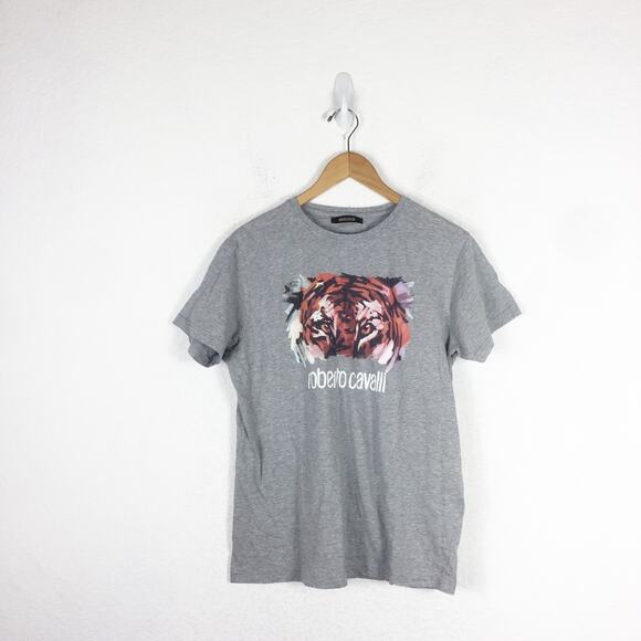Roberto Cavalli Grey Tiger Short Sleeve Tee XL Cotton Graphic Animal Print - Picture 2 of 11